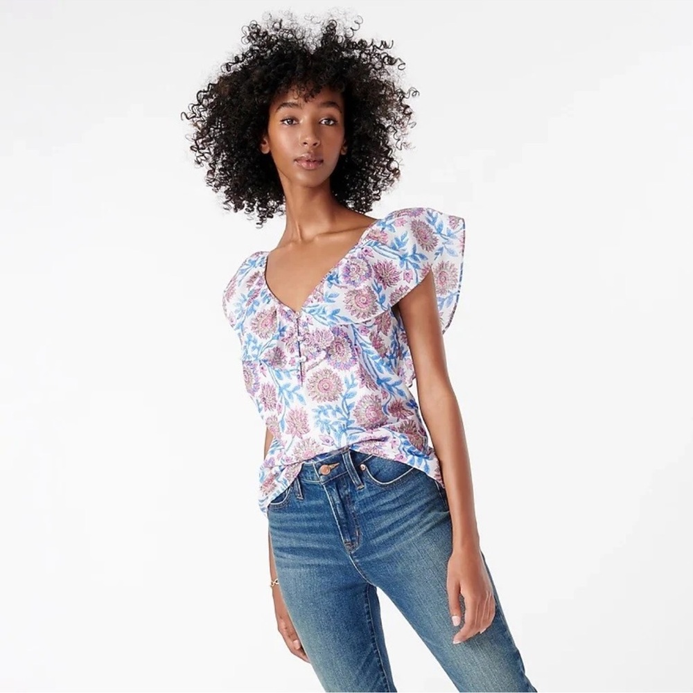 J.Crew Ruffle V-neck top in Floral Vine Block Print Size X-Large AN768 NWOT